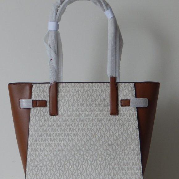 NWT MICHAEL KORS CARMEN MK Monogram LARGE TZ VANILLA BROWN Tote Shoulder Bag… - Picture 6 of 9